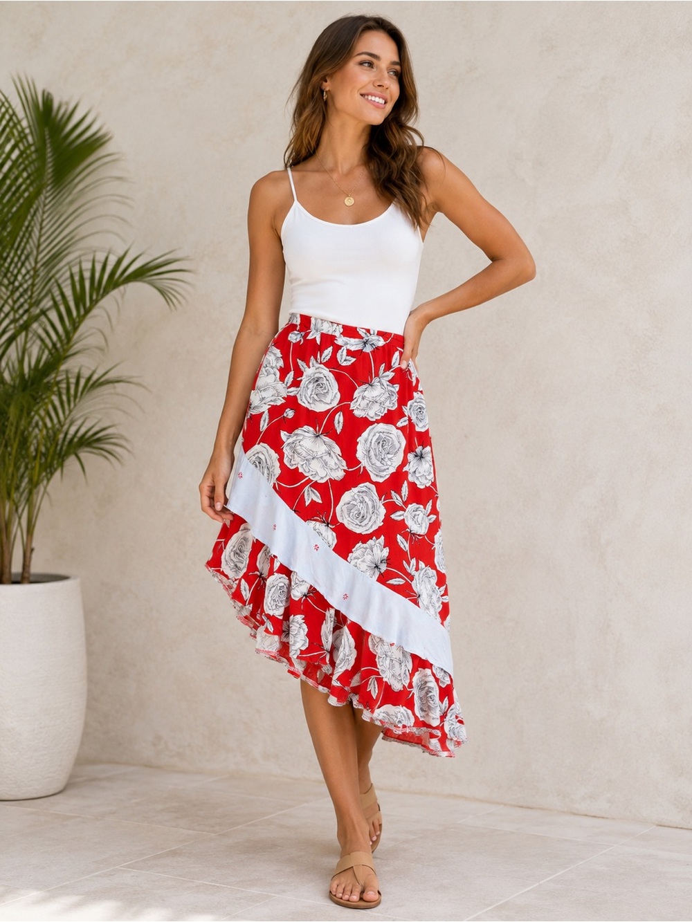 Jaase World Red Floral Rose Asymmetrical Ruffle Skirt Size L